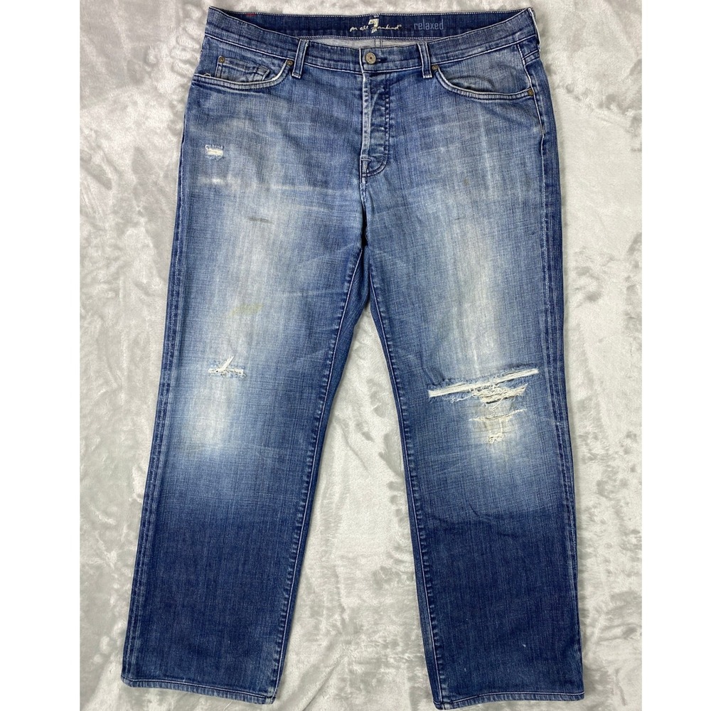 Vintage 7 For All Mankind Flynt Boot Cut Jeans Mens 38 Blue Distressed 2007 USA